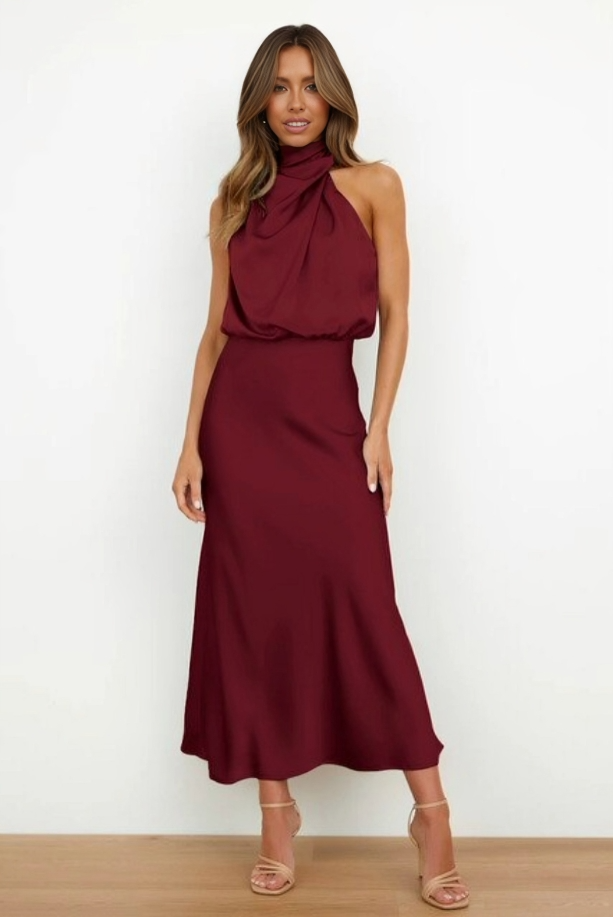 Freya | Refined Draped Halter Neck Midi Christmas Dress