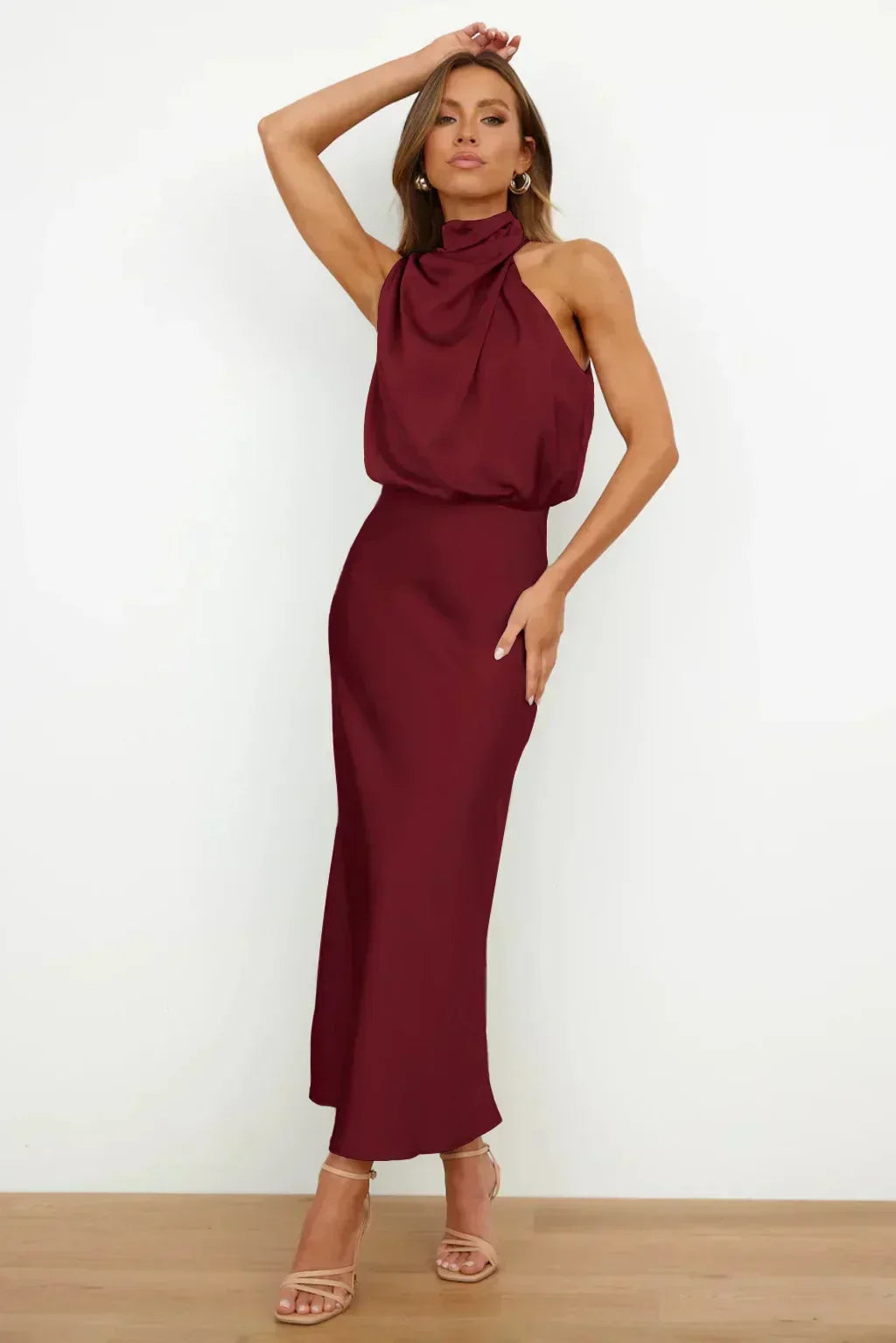 Freya | Refined Draped Halter Neck Midi Christmas Dress