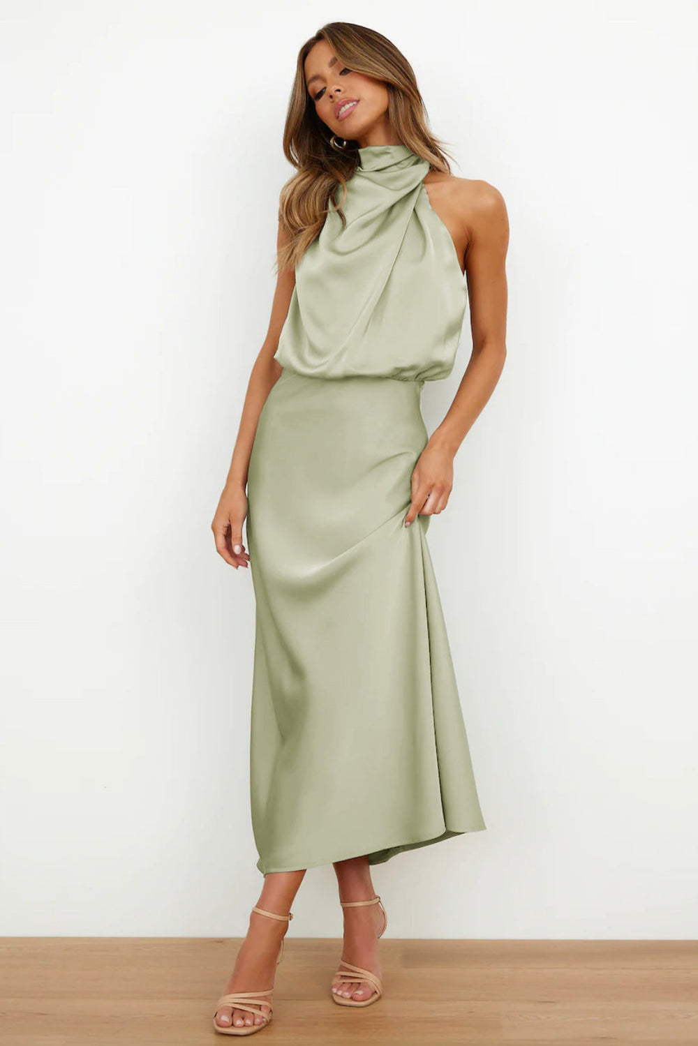 Freya | Refined Draped Halter Neck Midi Christmas Dress