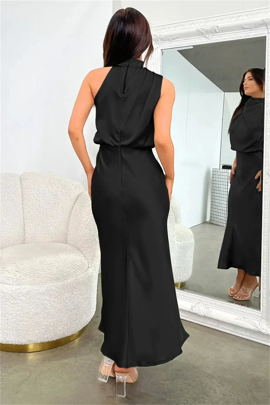 Freya | Refined Draped Halter Neck Midi Christmas Dress