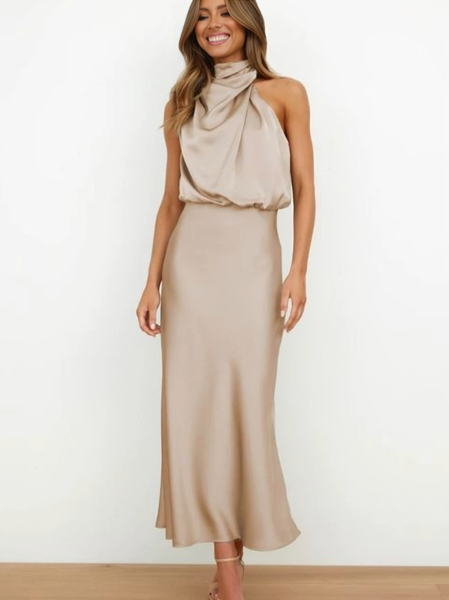 Freya | Refined Draped Halter Neck Midi Christmas Dress