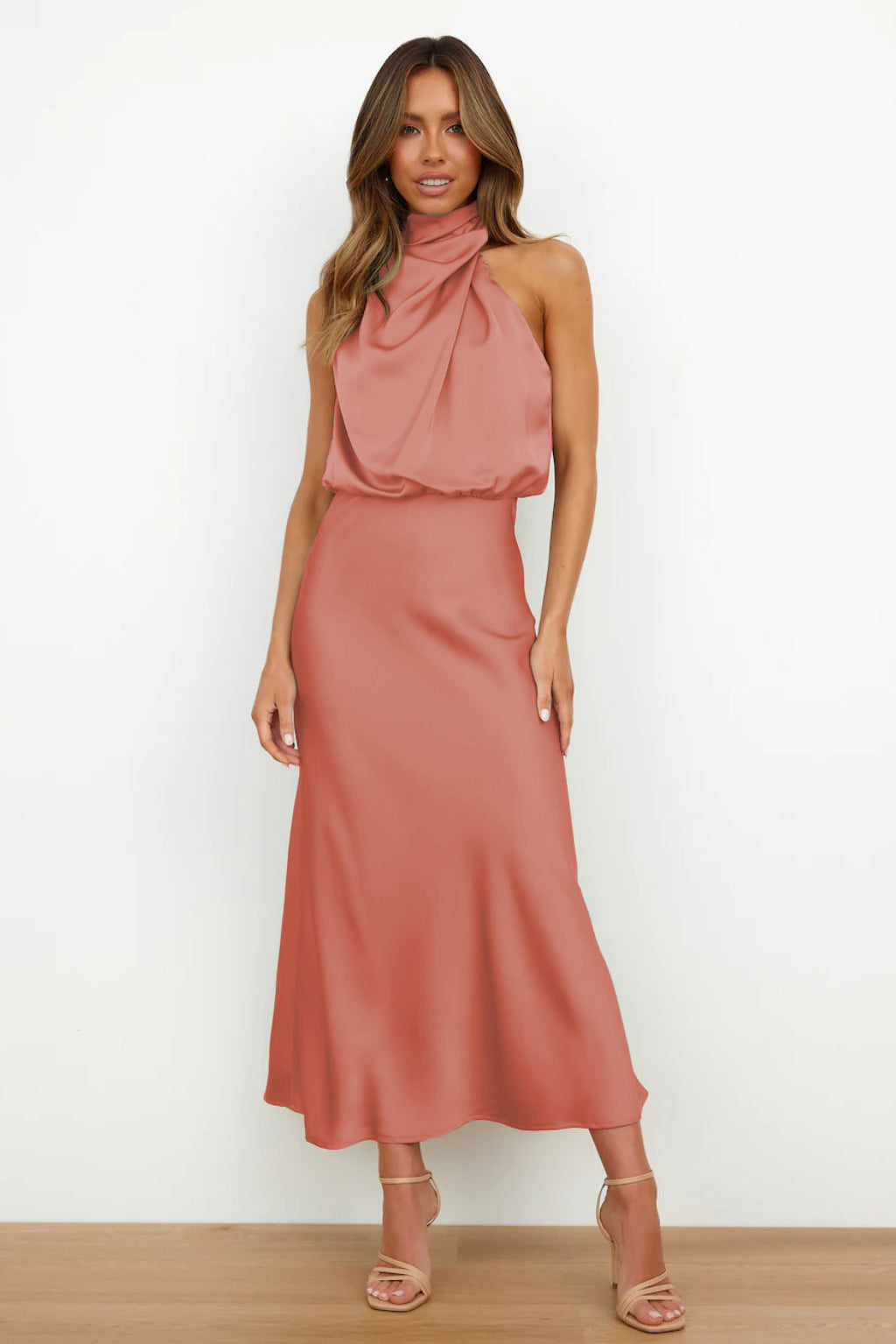Freya | Refined Draped Halter Neck Midi Christmas Dress