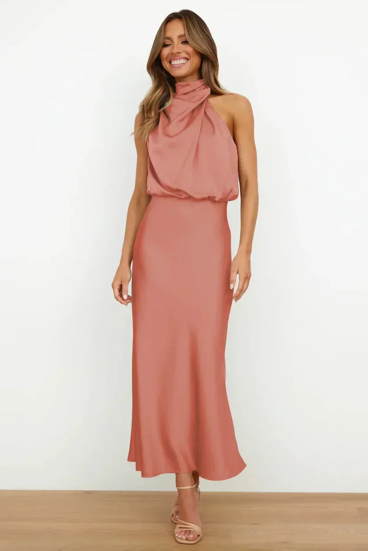 Freya | Refined Draped Halter Neck Midi Christmas Dress