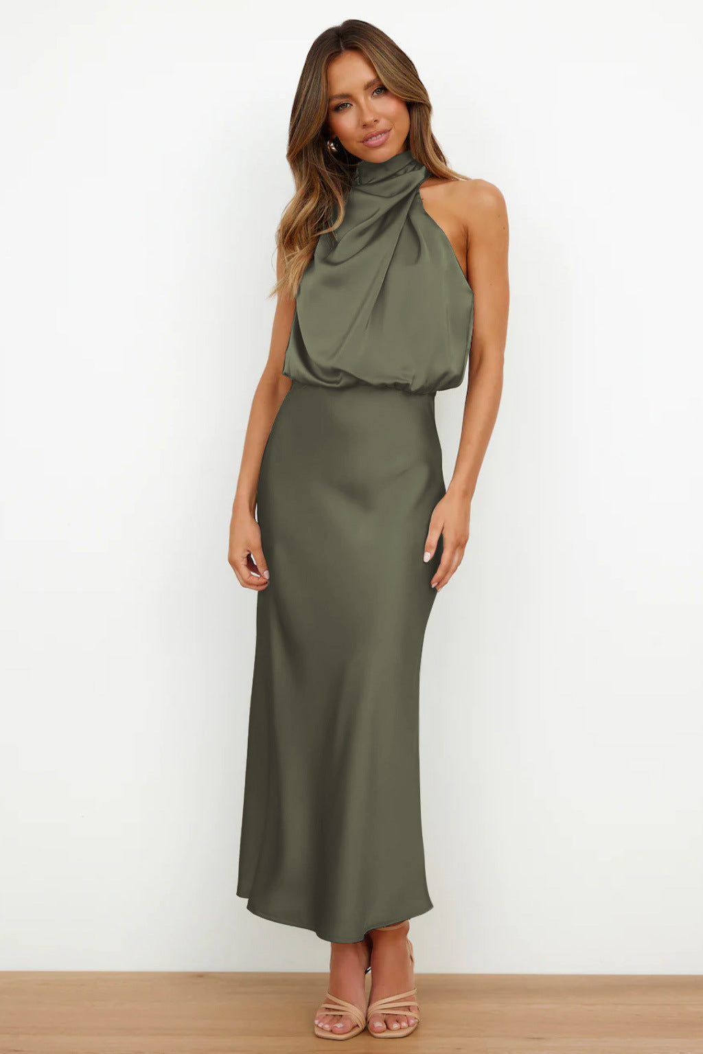 Freya | Refined Draped Halter Neck Midi Christmas Dress