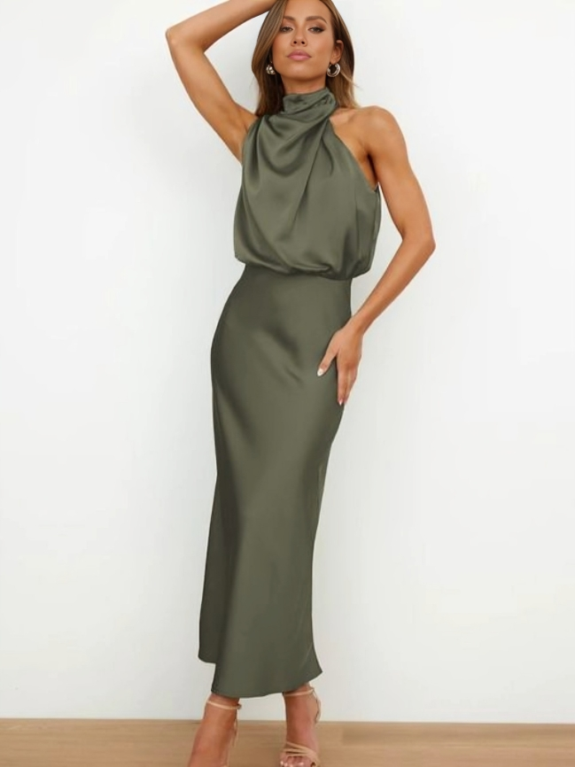 Freya | Refined Draped Halter Neck Midi Christmas Dress