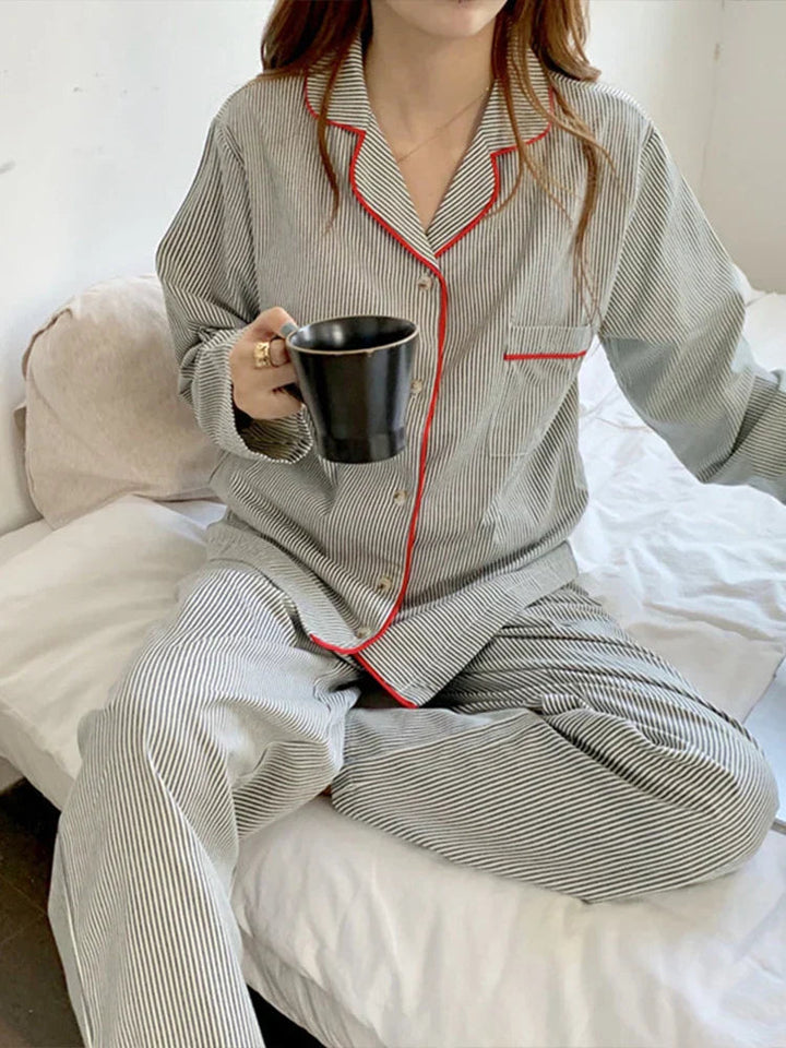 Freya | Striped Long Sleeve Button Front Ladies Pyjamas