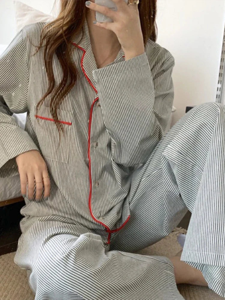 Freya | Striped Long Sleeve Button Front Ladies Pyjamas