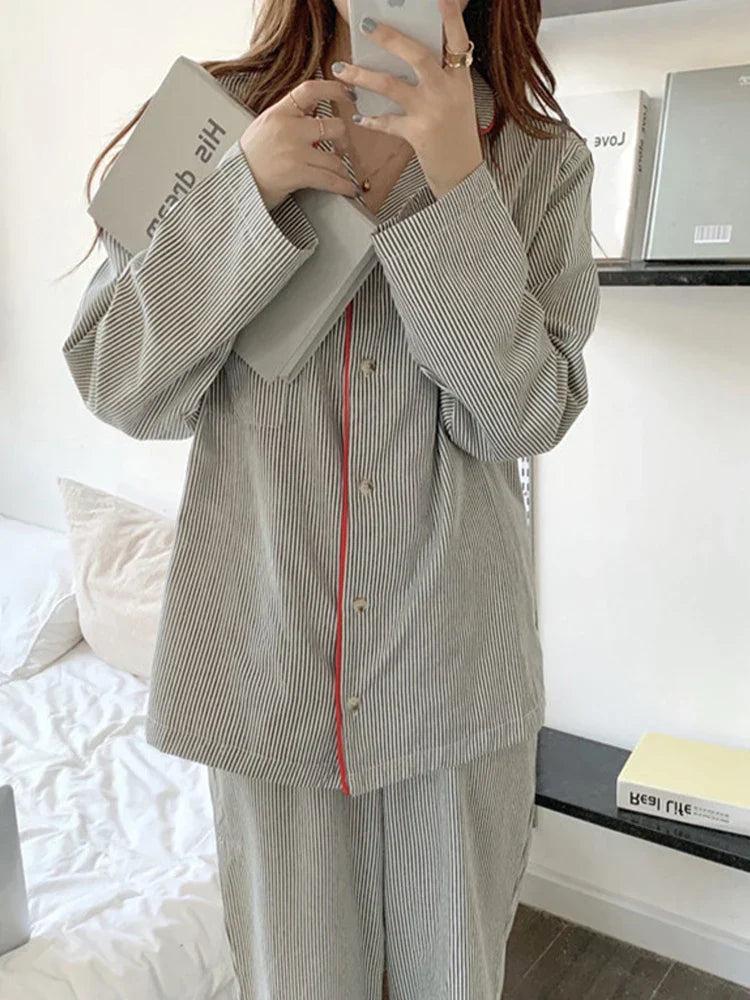 Freya | Striped Long Sleeve Button Front Ladies Pyjamas