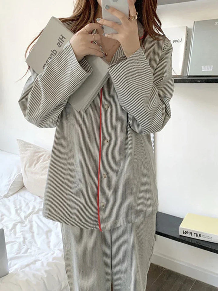 Freya | Striped Long Sleeve Button Front Ladies Pyjamas