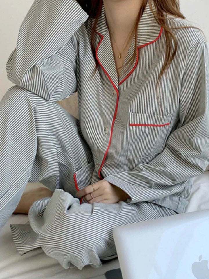 Freya | Striped Long Sleeve Button Front Ladies Pyjamas