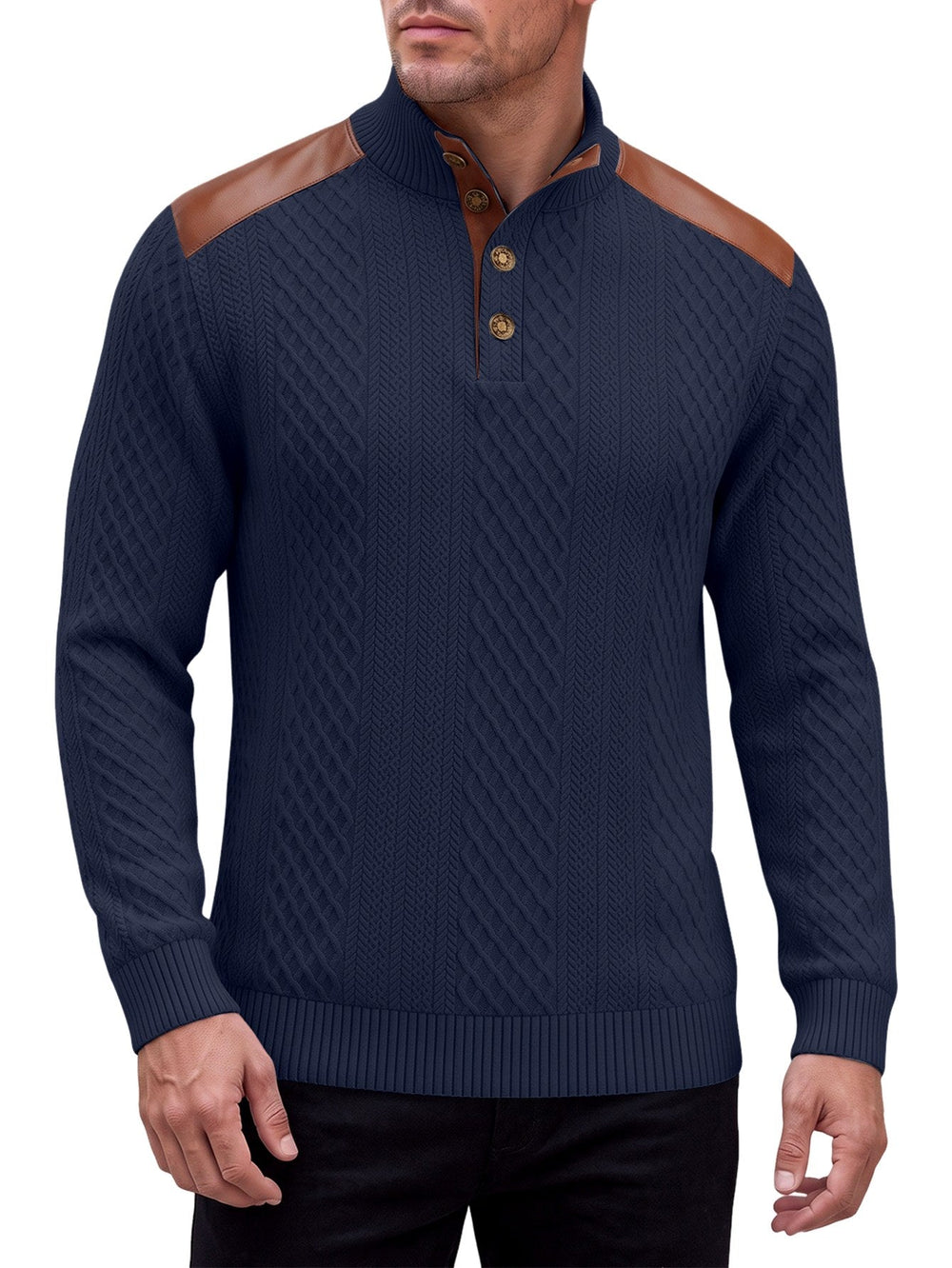 Gabriel | Cable Pattern Button Neck Mens Knit Jumper