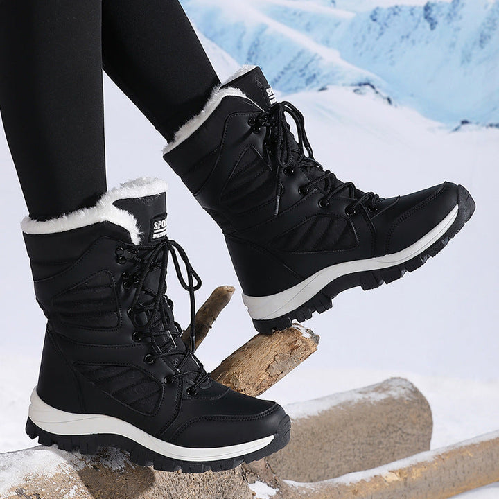Harper | Elegant Fuzzy Trim Lace Up Mid Calf Snow Boots Women