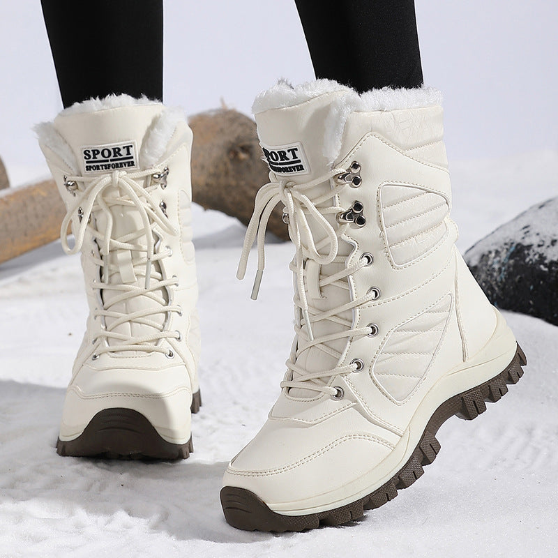 Harper | Elegant Fuzzy Trim Lace Up Mid Calf Snow Boots Women