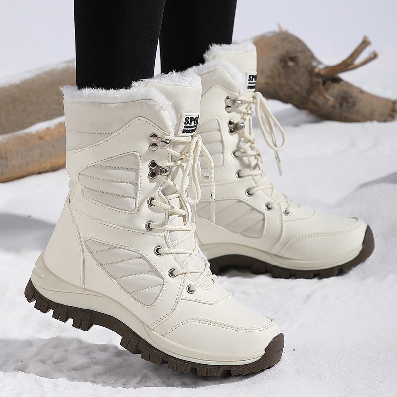 Harper | Elegant Fuzzy Trim Lace Up Mid Calf Snow Boots Women