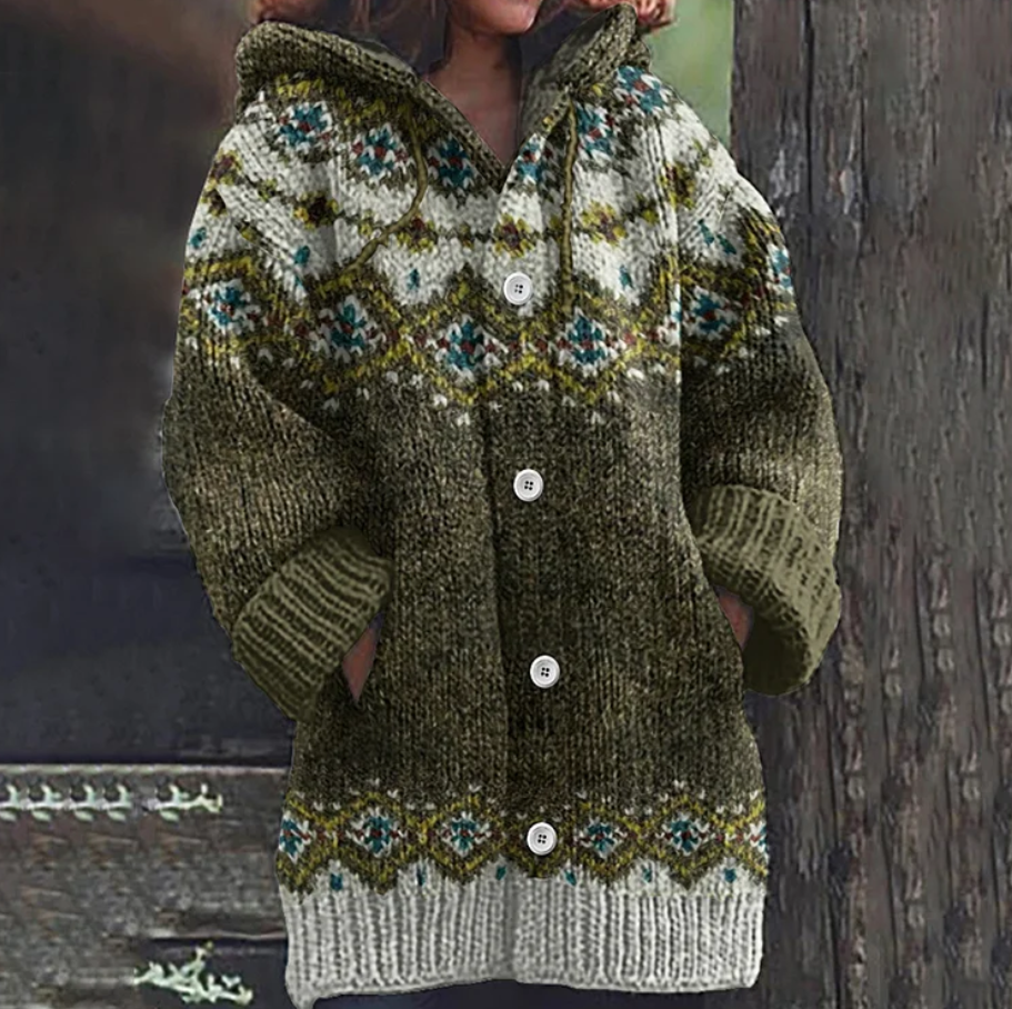 Harper | Graceful Hooded Fair Isle Knit Cardigan Jumper