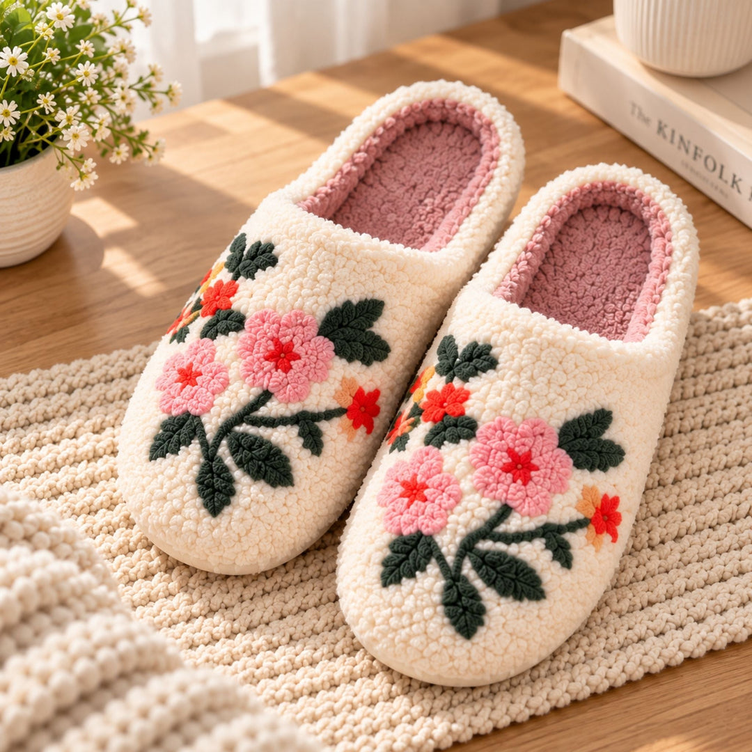 Imogen | Cosy Floral Embroidered Mule Slippers