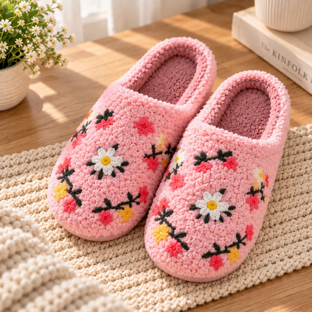 Imogen | Cosy Floral Embroidered Mule Slippers