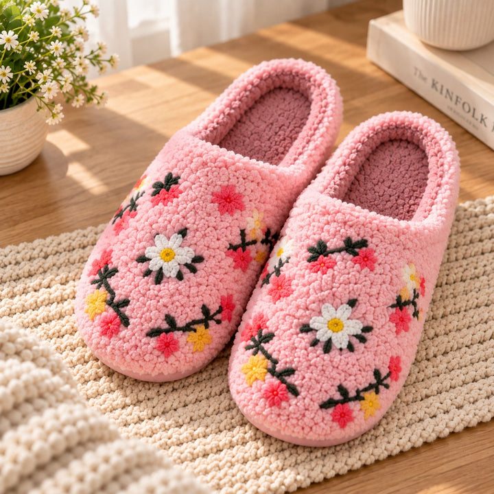 Imogen | Cosy Floral Embroidered Mule Slippers