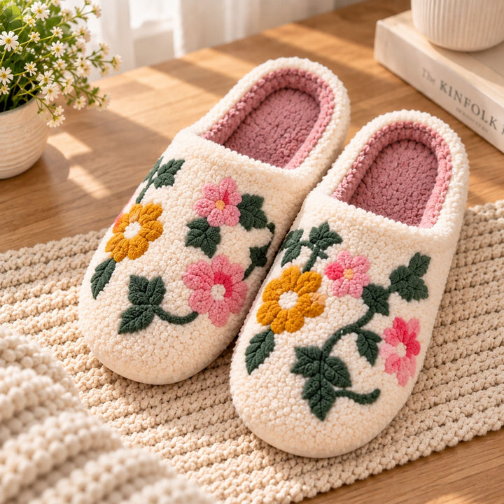 Imogen | Cosy Floral Embroidered Mule Slippers