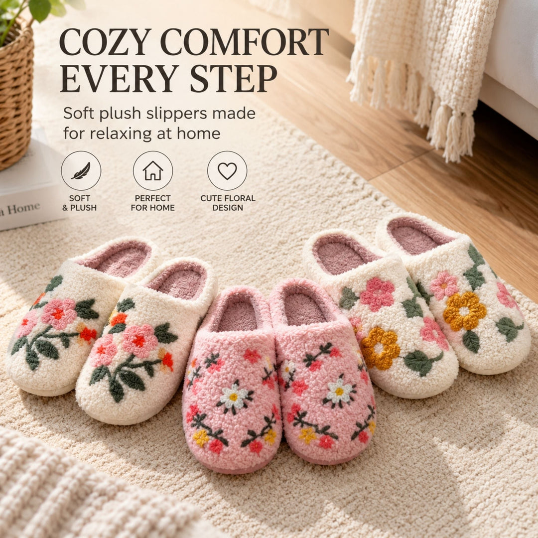 Imogen | Cosy Floral Embroidered Mule Slippers