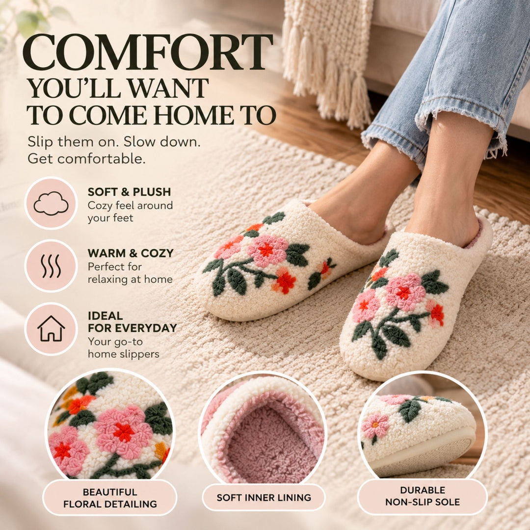 Imogen | Cosy Floral Embroidered Mule Slippers