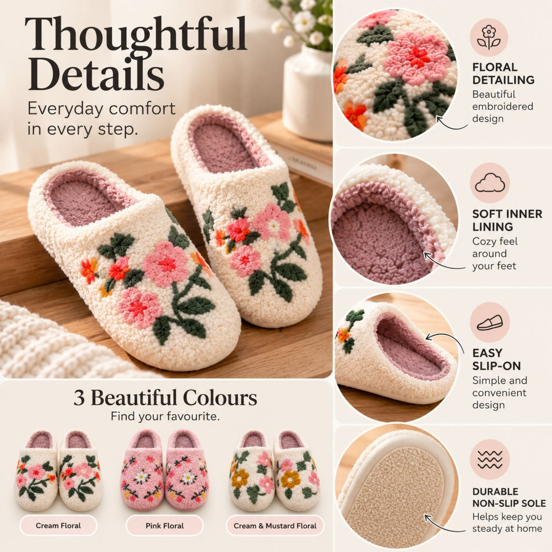 Imogen | Cosy Floral Embroidered Mule Slippers