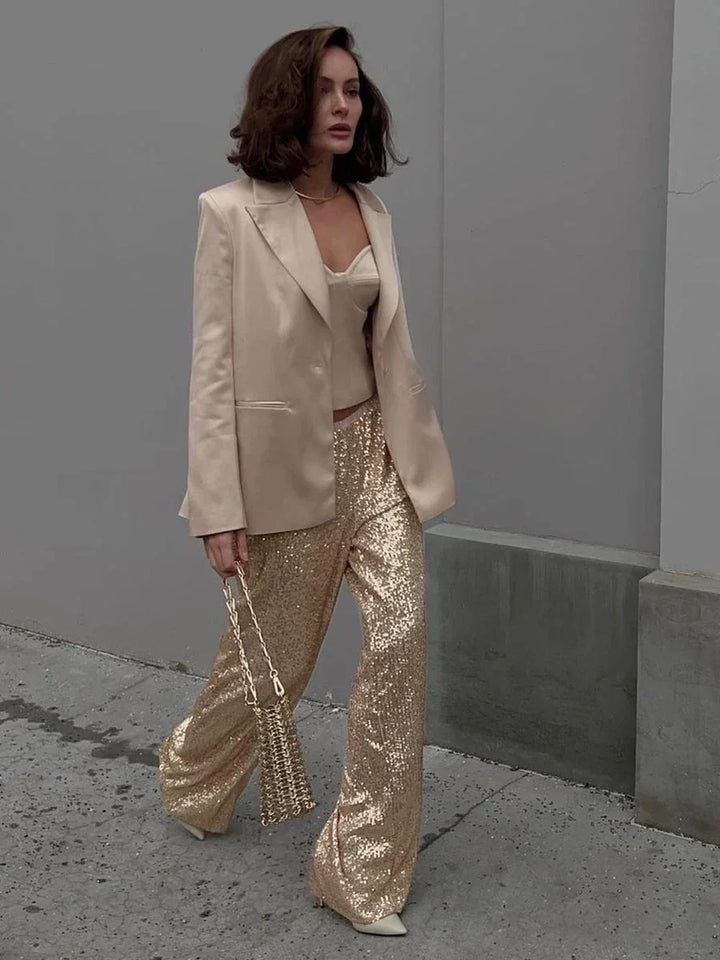 Imogen | Stylish Sequin Wide Leg Trousers Full Length Sparkle
