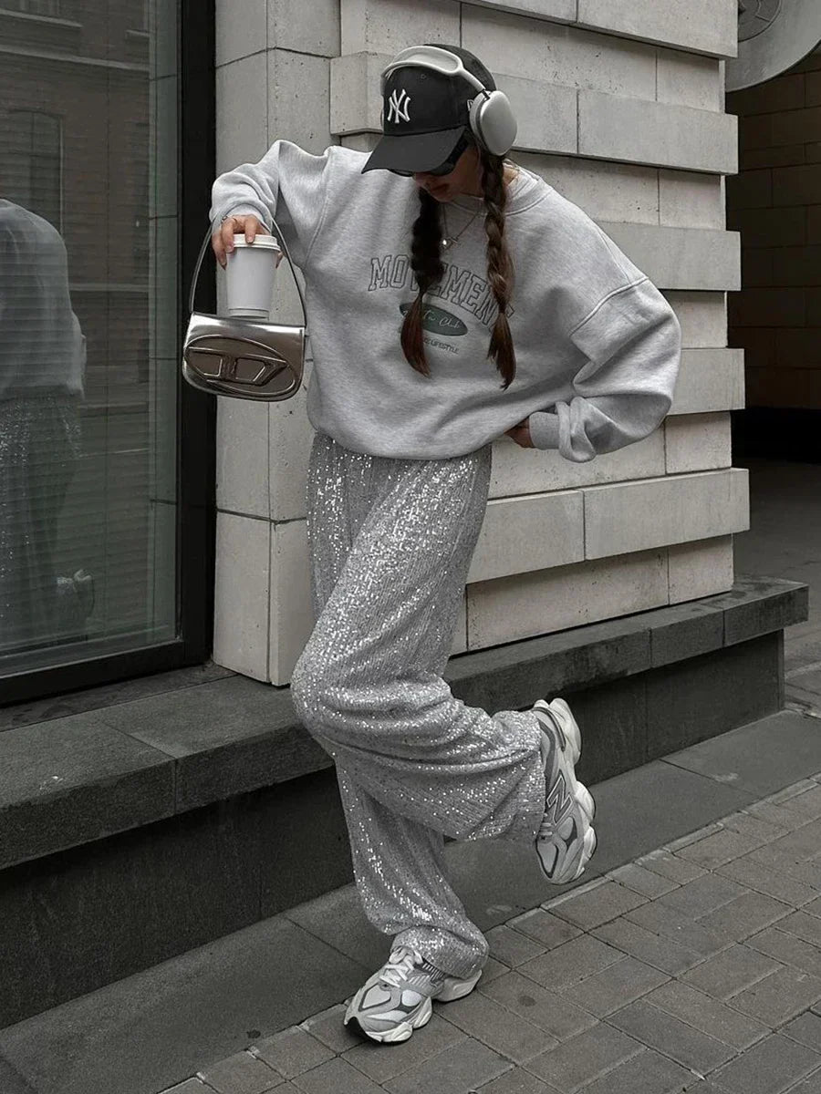 Imogen | Stylish Sequin Wide Leg Trousers Full Length Sparkle