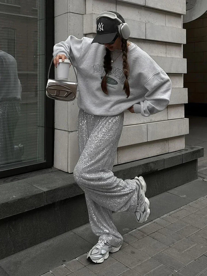 Imogen | Stylish Sequin Wide Leg Trousers Full Length Sparkle