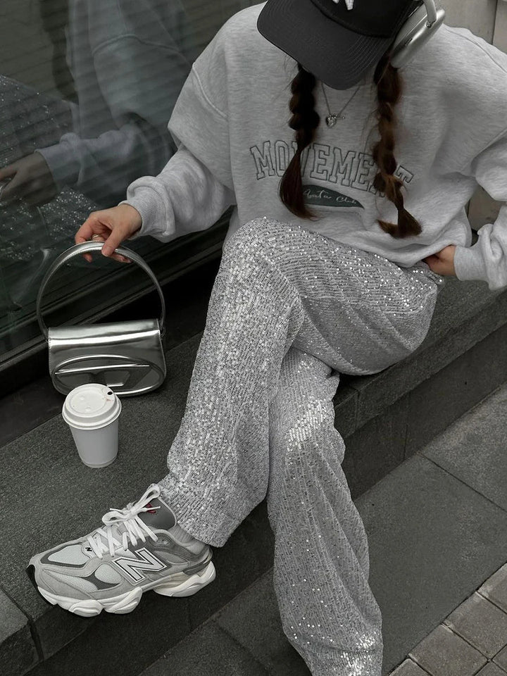 Imogen | Stylish Sequin Wide Leg Trousers Full Length Sparkle