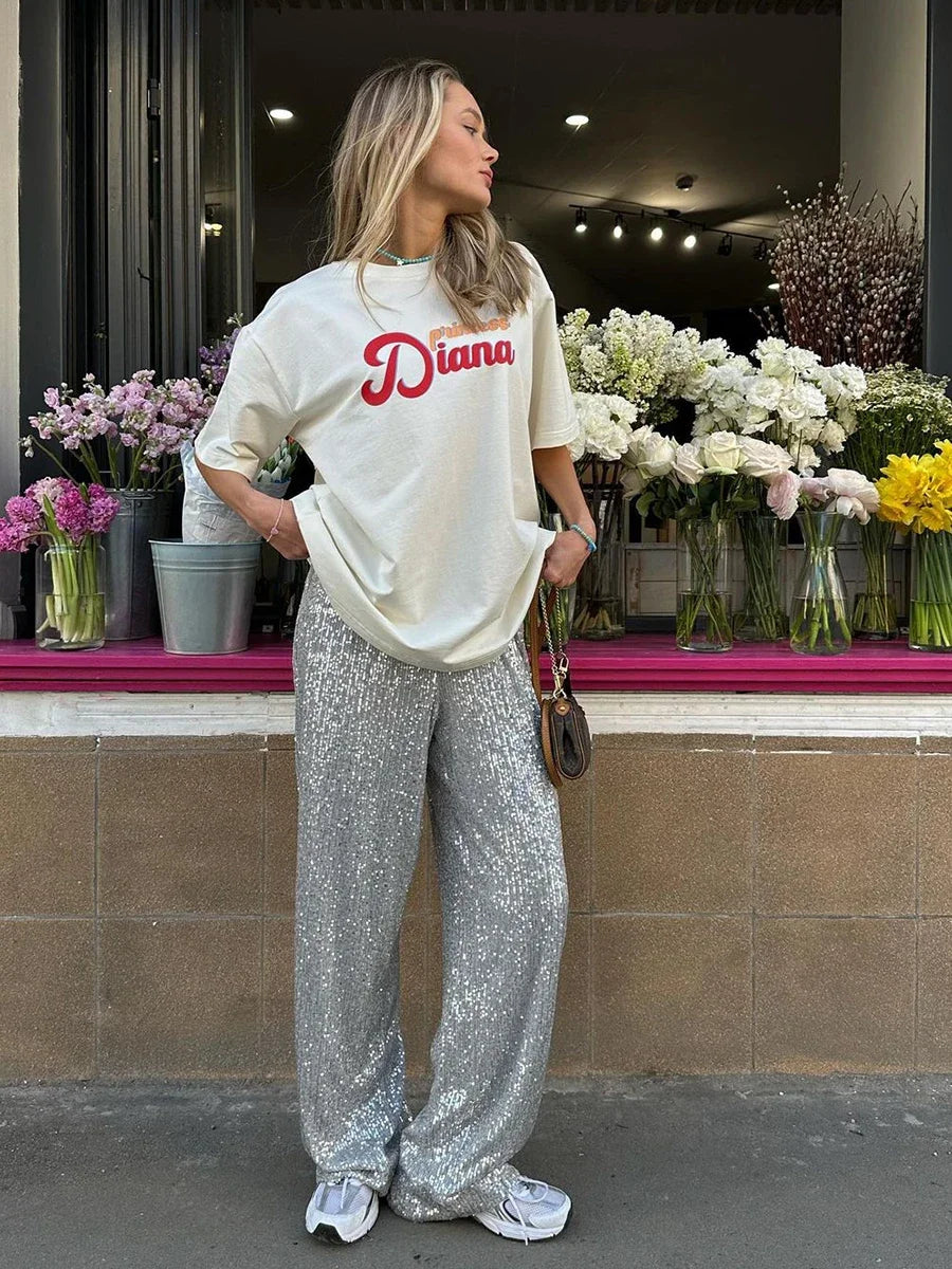 Imogen | Stylish Sequin Wide Leg Trousers Full Length Sparkle