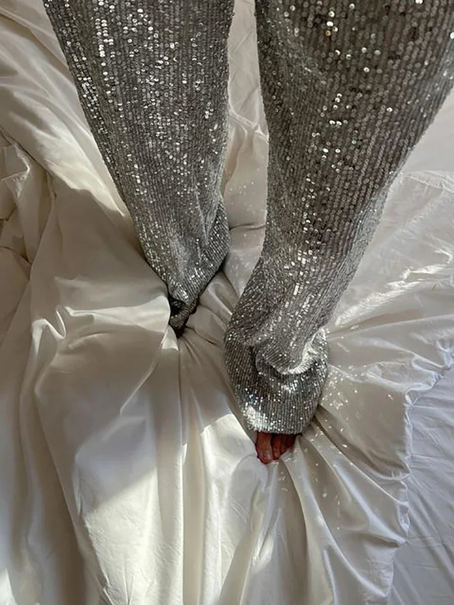 Imogen | Stylish Sequin Wide Leg Trousers Full Length Sparkle