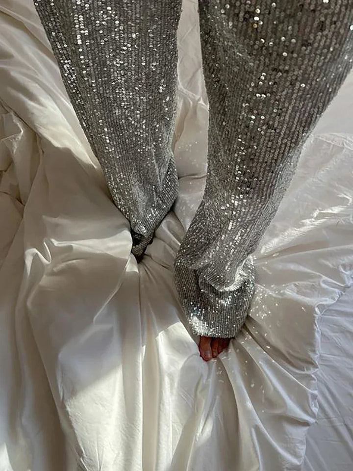 Imogen | Stylish Sequin Wide Leg Trousers Full Length Sparkle