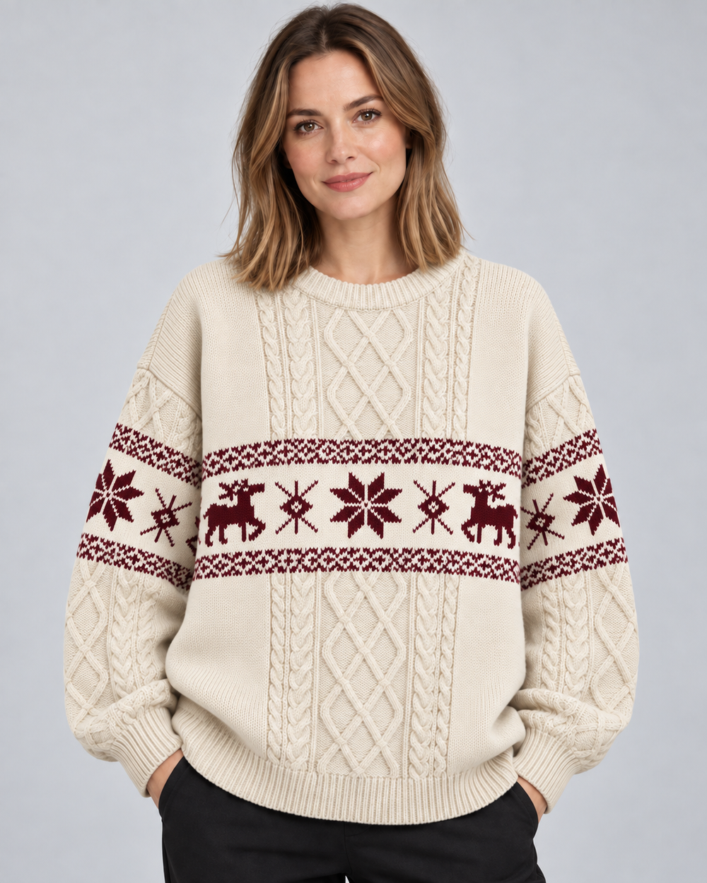 Iris | Cable Knit Reindeer Christmas Jumper for Women