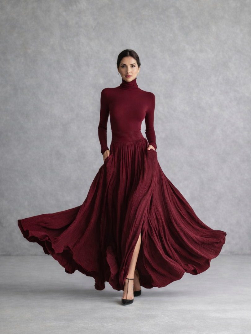 Isabella | Polished Pleated Turtleneck Christmas Party Dress