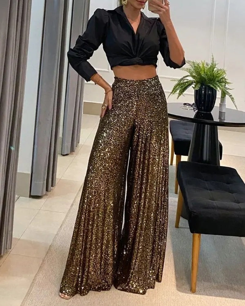 Isabella | Refined Wide Leg Sequin Trousers