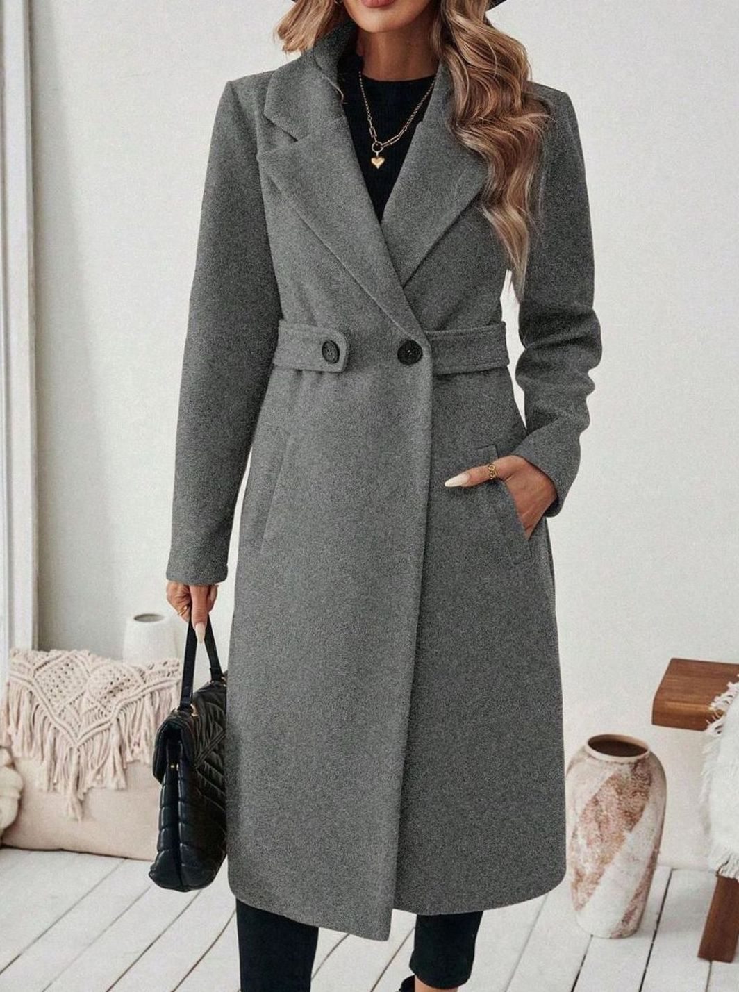 Isabelle | Elegant Belted Long Coat with Wide Collar