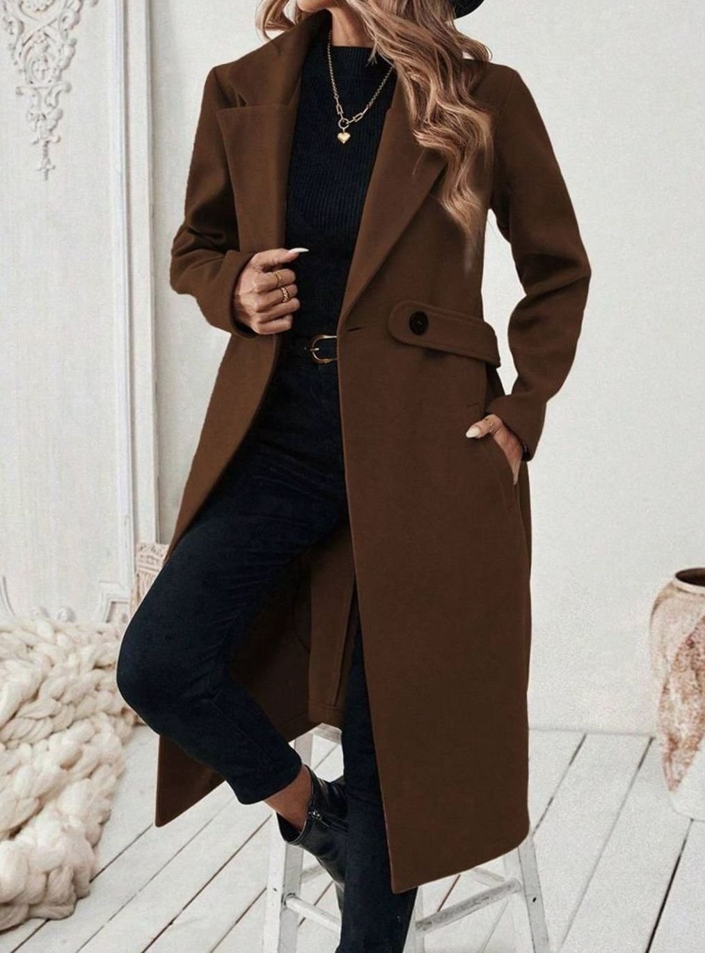 Isabelle | Elegant Belted Long Coat with Wide Collar