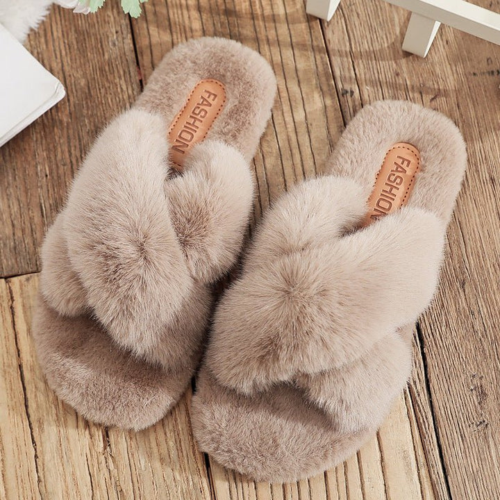 Lara | Elegant Fluffy Cross Strap Fur Slippers