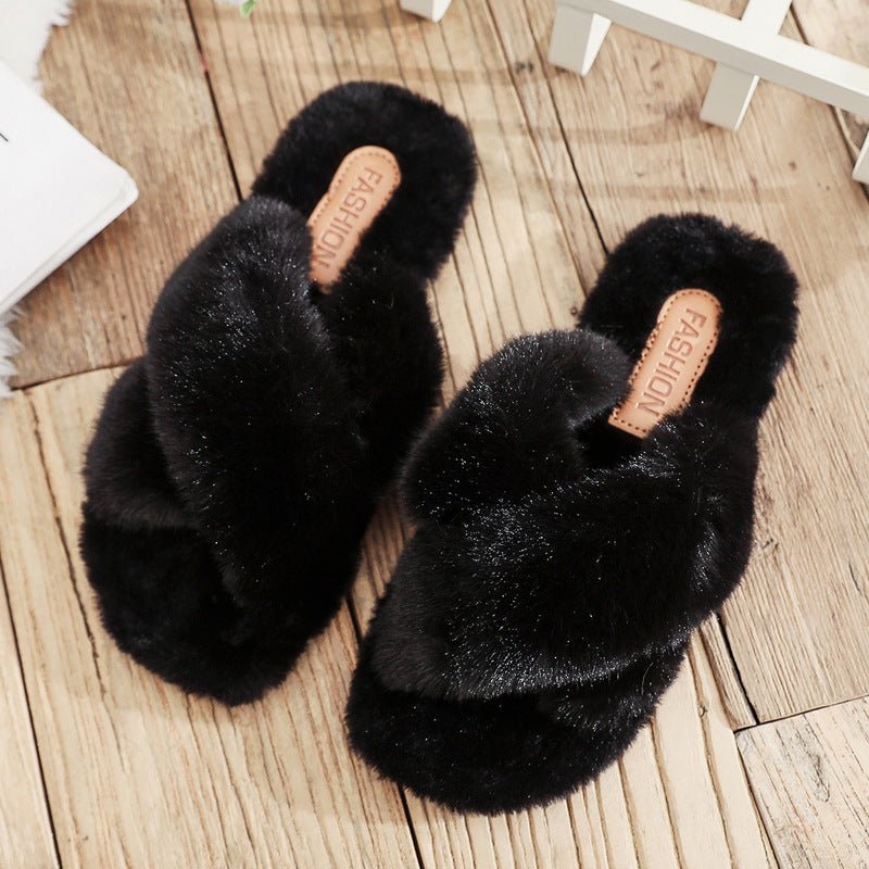 Lara | Elegant Fluffy Cross Strap Fur Slippers