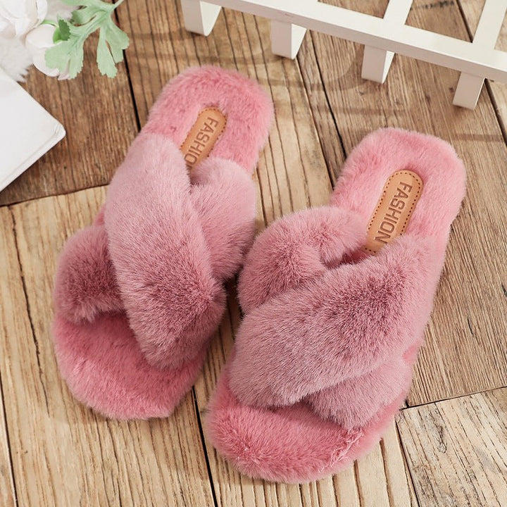 Lara | Elegant Fluffy Cross Strap Fur Slippers