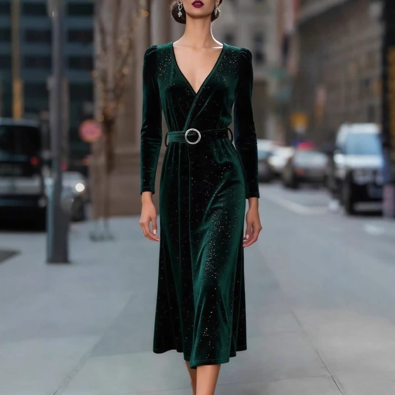 Lara | Refined Belted V-Neck Velvet Midi Dress
