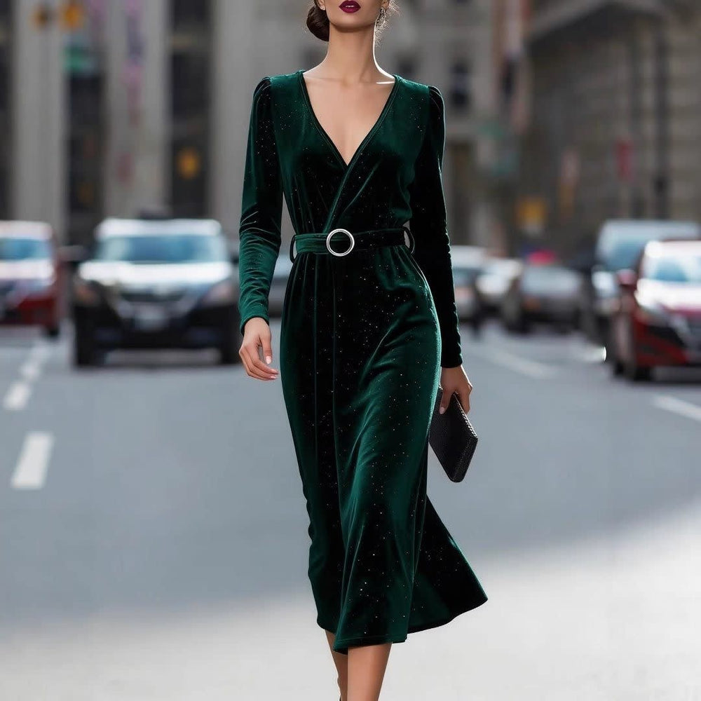 Lara | Refined Belted V-Neck Velvet Midi Dress
