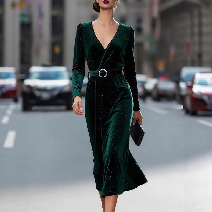 Lara | Refined Belted V-Neck Velvet Midi Dress