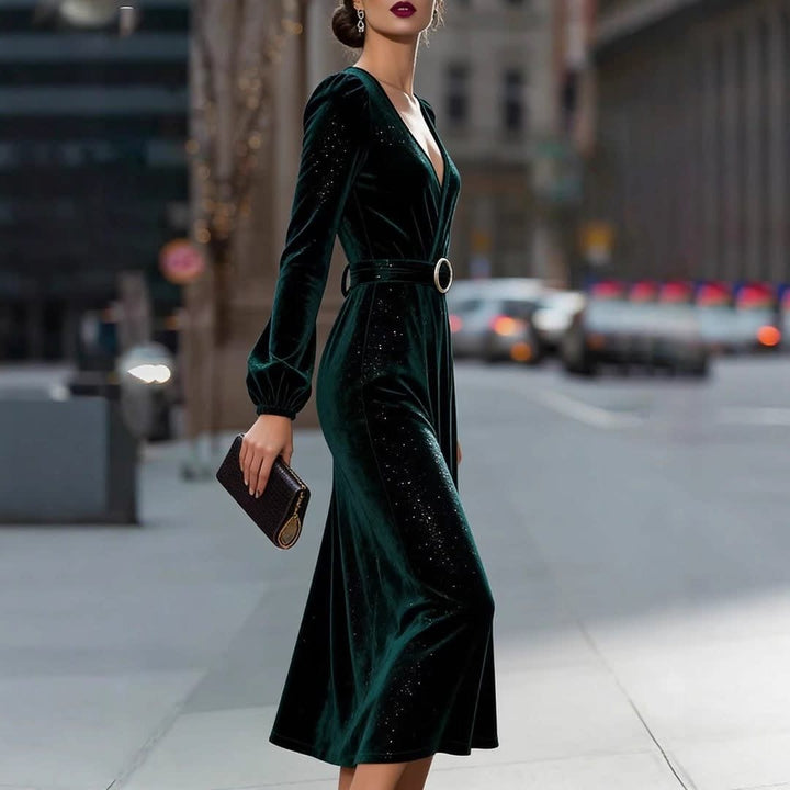 Lara | Refined Belted V-Neck Velvet Midi Dress