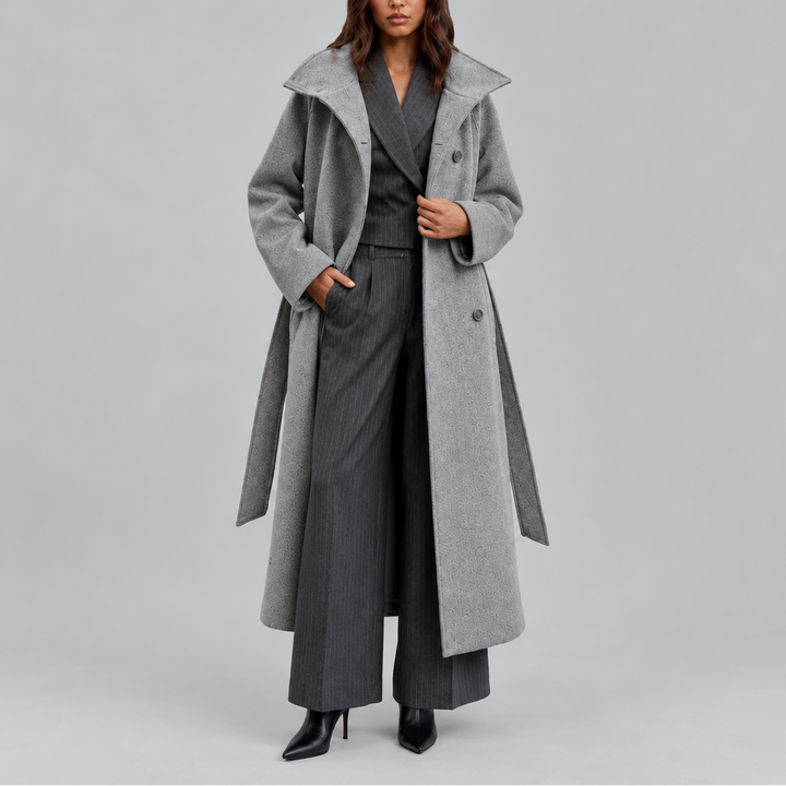Layla | Graceful Belted Long Wool Coat with Wide Collar