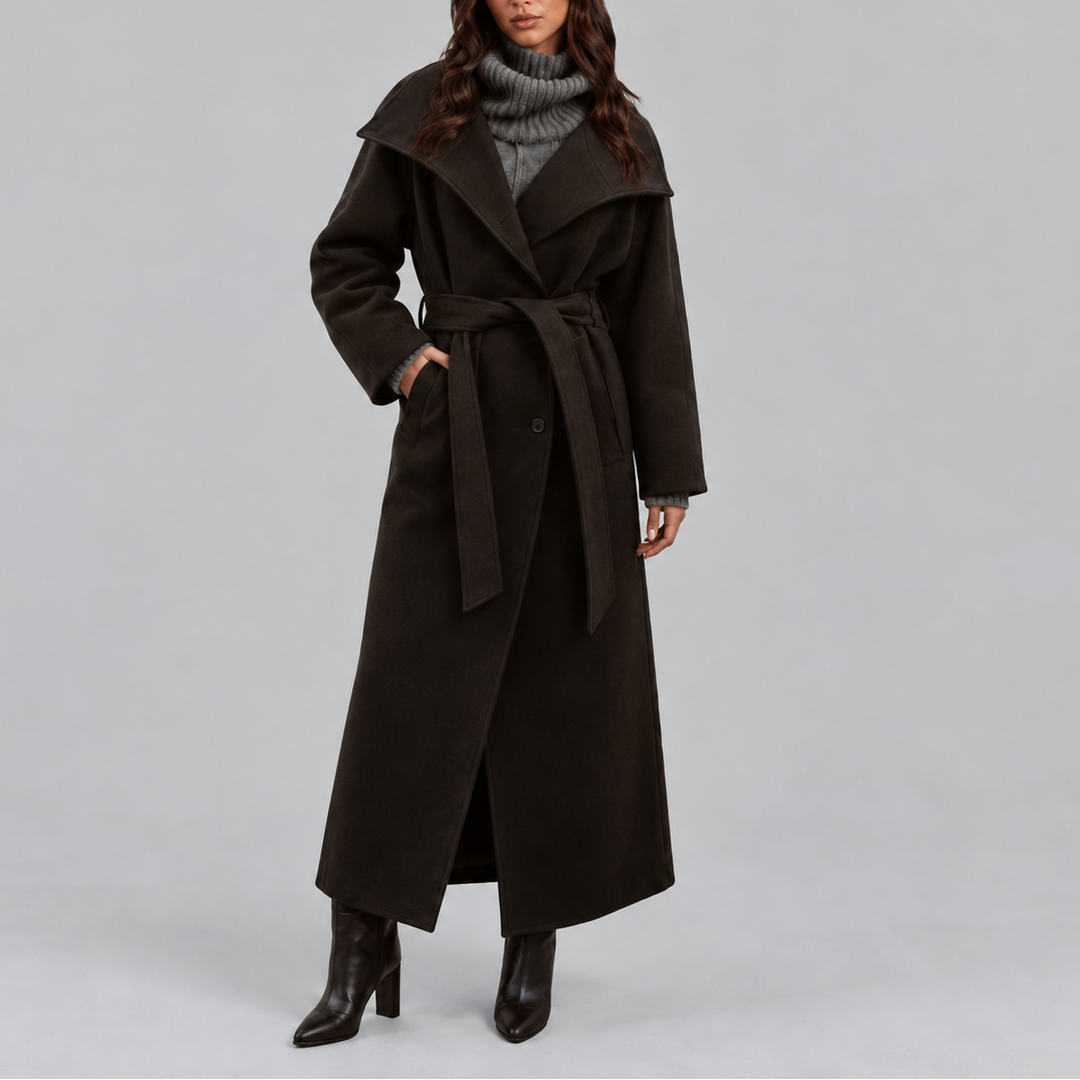 Layla | Graceful Belted Long Wool Coat with Wide Collar