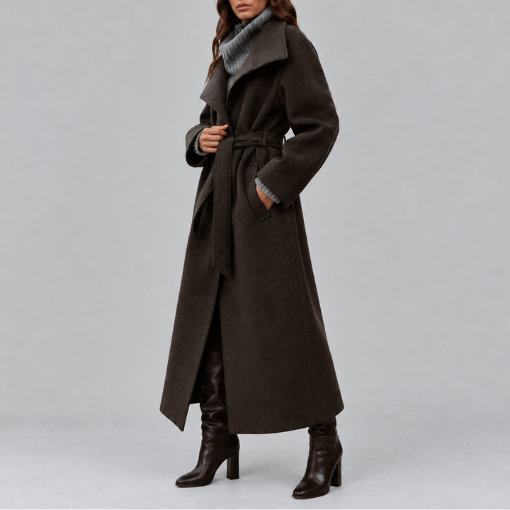 Layla | Graceful Belted Long Wool Coat with Wide Collar