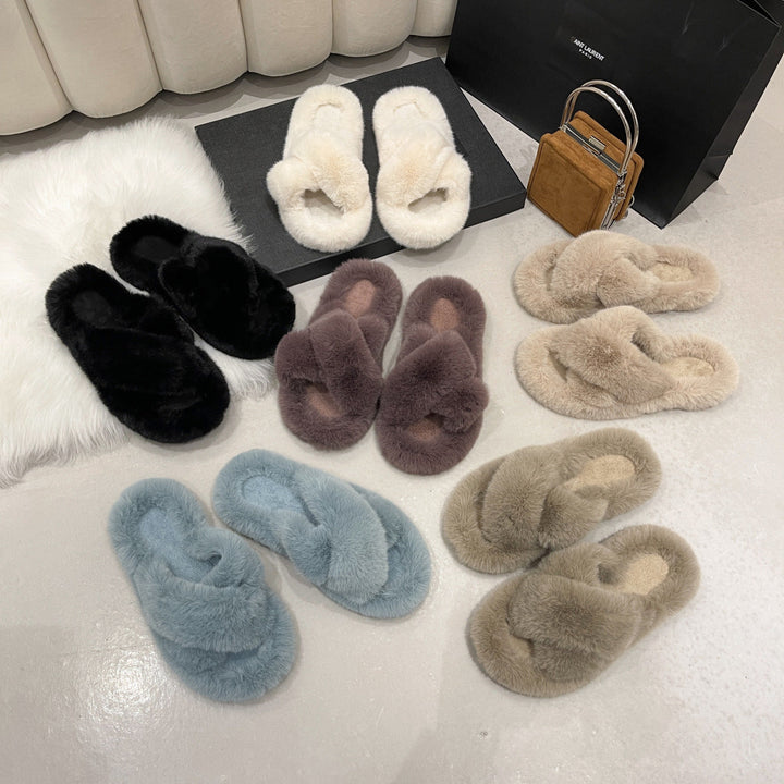 Lily | Polished Cross Strap Fluffy Slippers