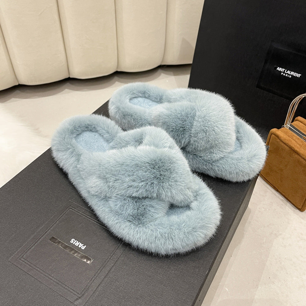 Lily | Polished Cross Strap Fluffy Slippers